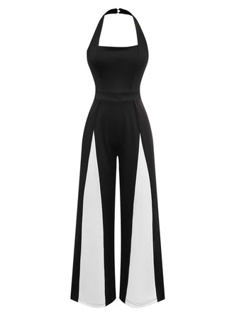 1960s Halter Colorblock Wide-Leg Backless Jumpsuit