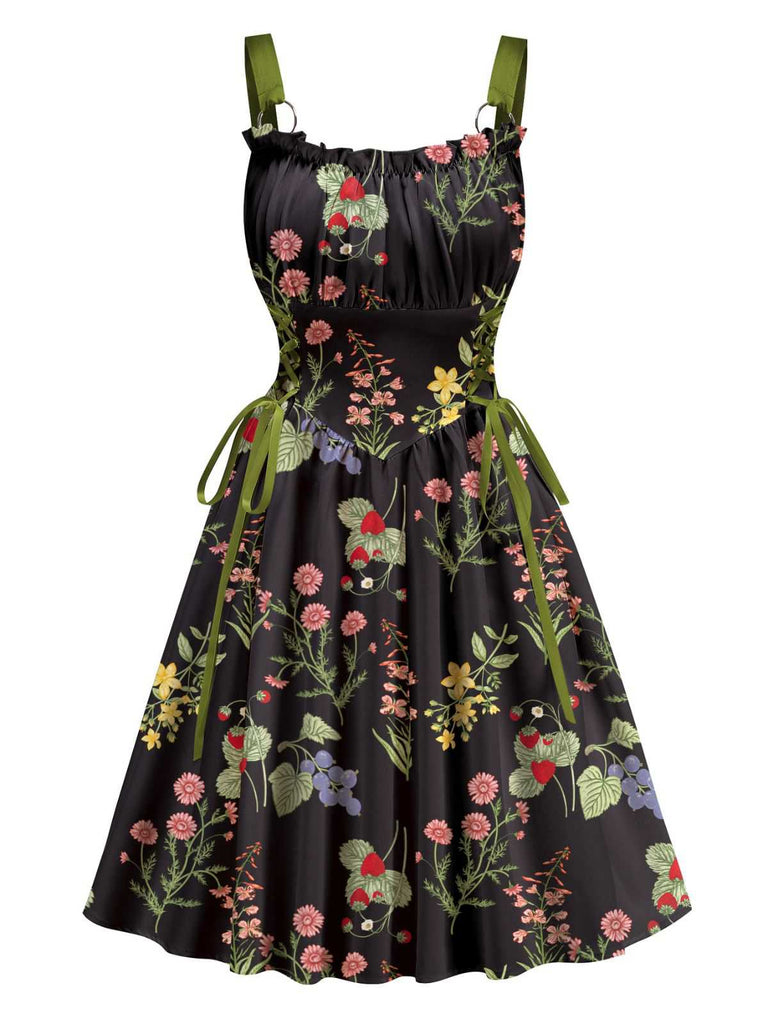1950s Strap Floral Lace-Up Corset Dress