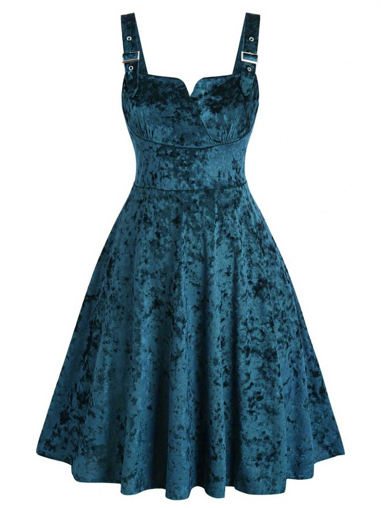 [Plus Size] 1950s Buckle Strap Velvet Sleeveless Dress