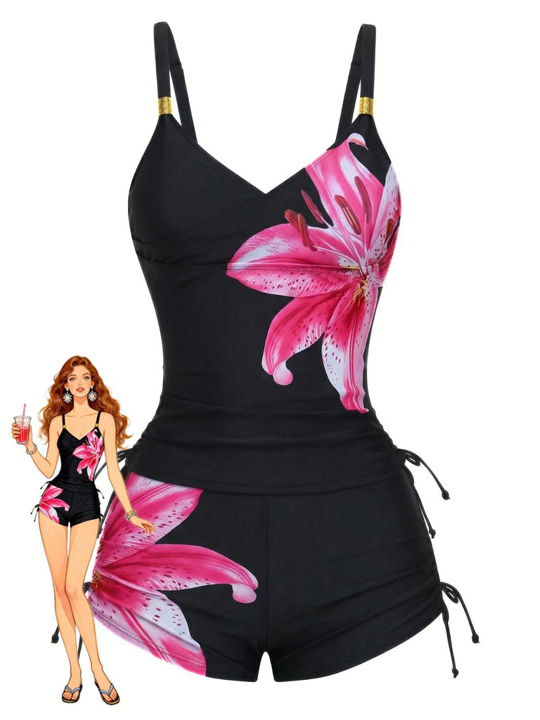 1950s Floral Solid Lace-Up Tankini Set