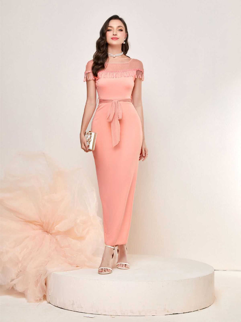 1960s Sheer Fringe Belted Bodycon Dress