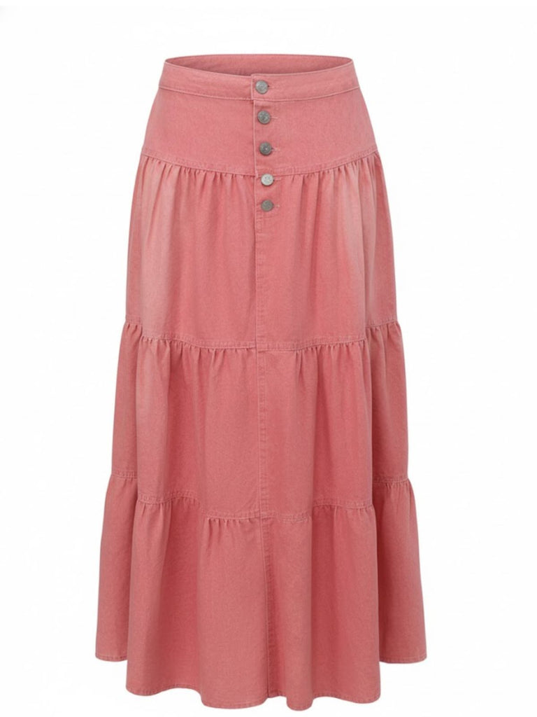 Pink 1940s Denim Button-Down Tiered Maxi Skirt