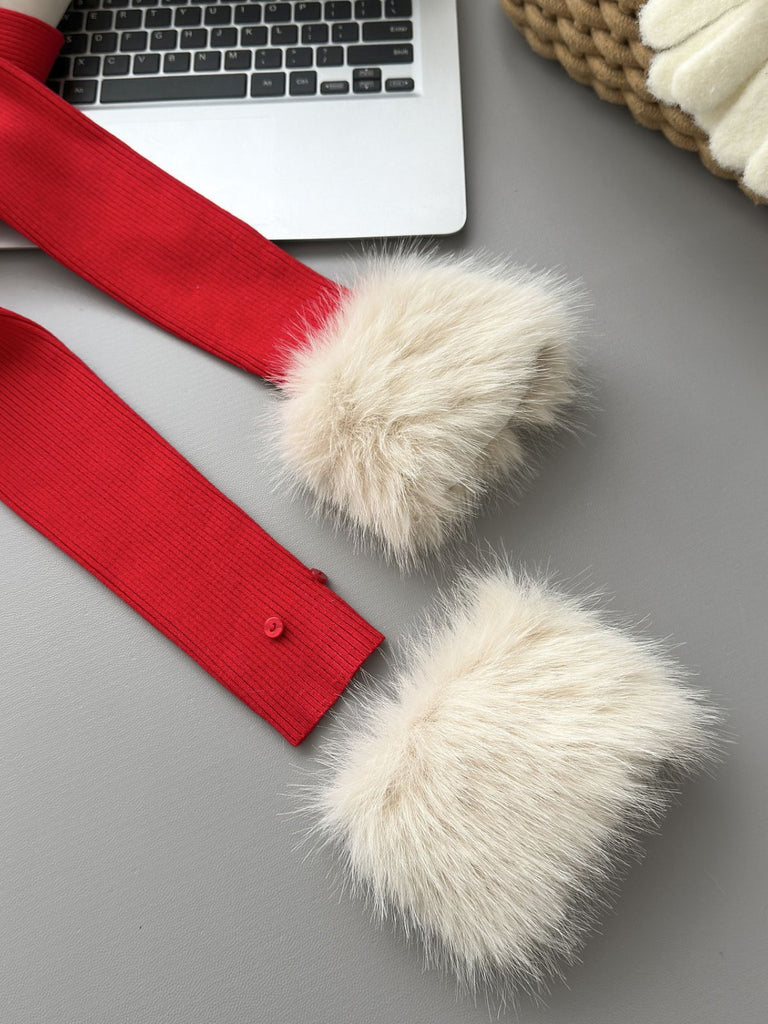 Red 1980s Detachable Fur Collar Tie Knit Cardigan