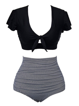 [Plus Size] 1950s Ruffle Sleeve Lace-Up Patchwork Swimsuit