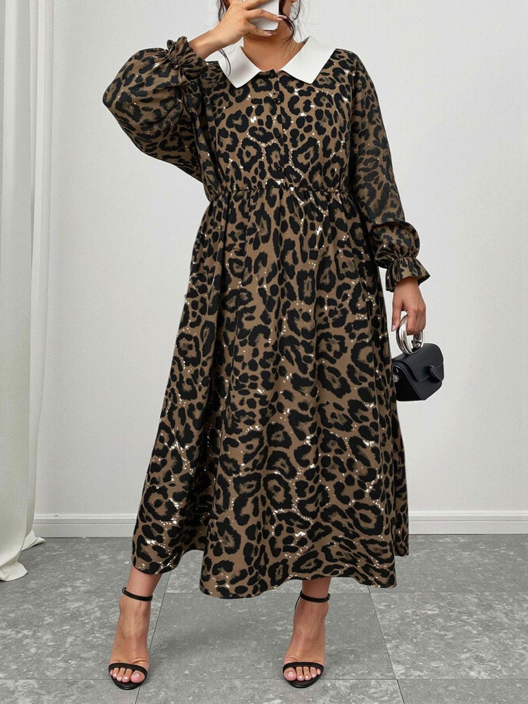 [Plus Size] 1970s Leopard Print Lapel Long Sleeve Dress