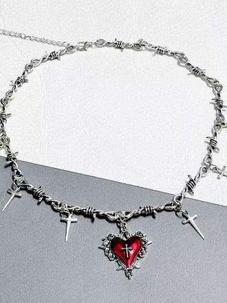 Vintage Wine Red Heart Cross Necklace