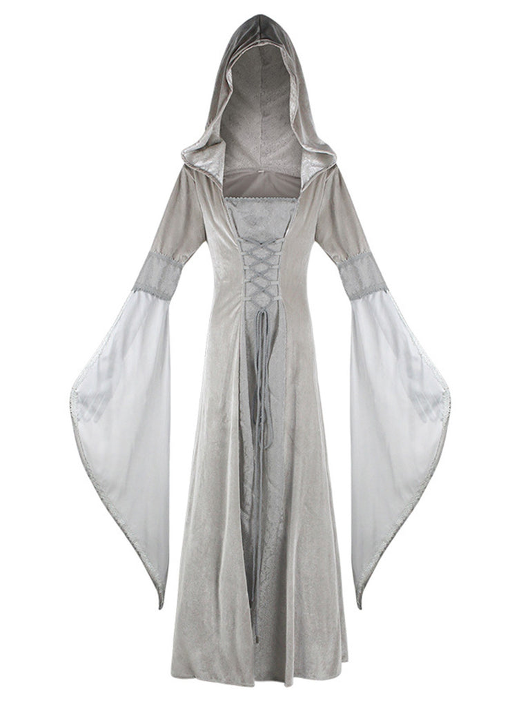 1980s Velvet Medieval Lace-Up Hooded Dress