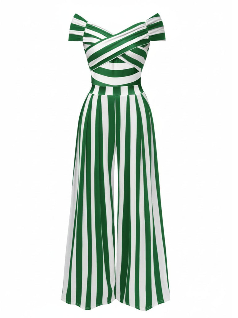 [Pre-Sale] Green 1960s Off-Shoulder Stripes Jumpsuit