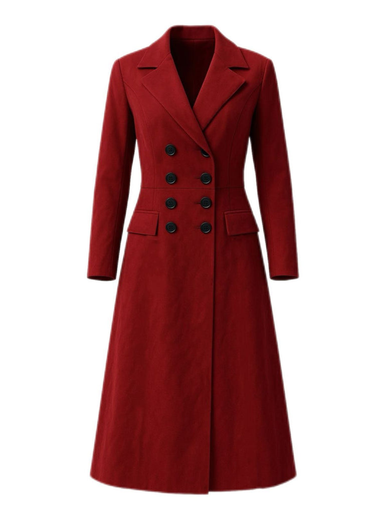 Burgundy 1930s Double Breasted Long Trench Coat