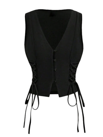 1970s Solid Waist-Tie V-Neck Vest