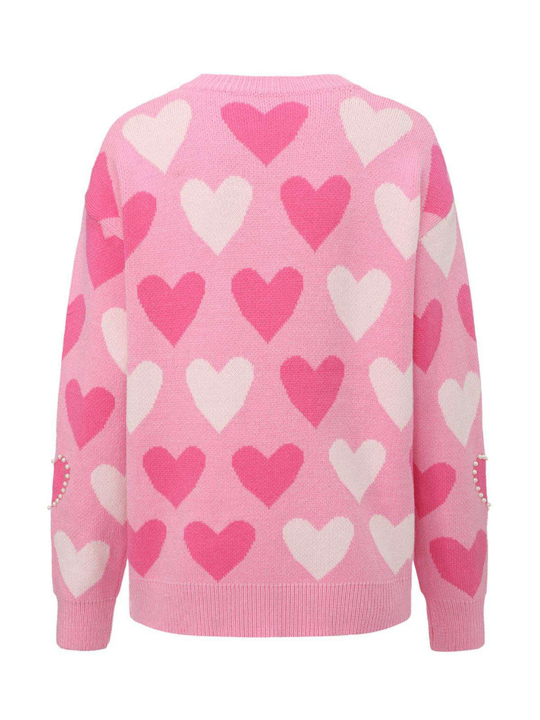 Pink 1950s Valentine's Day Heart Pearl Sweater