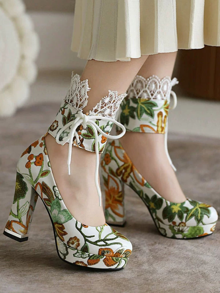 Vintage Lace-Up Embroidered Floral High Heels