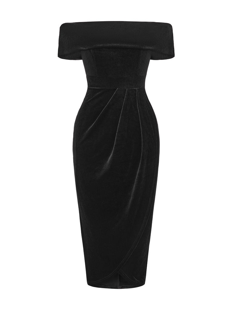 1980s Solid Velvet Off-Shoulder Midi Dress