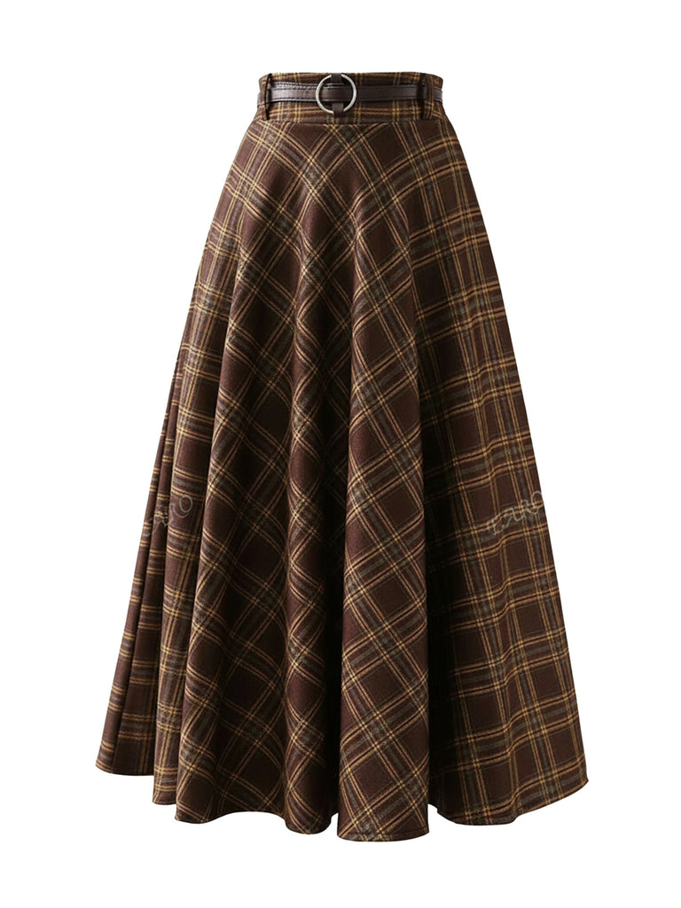 Brown 1980s Plaid Belted Midi Skirt