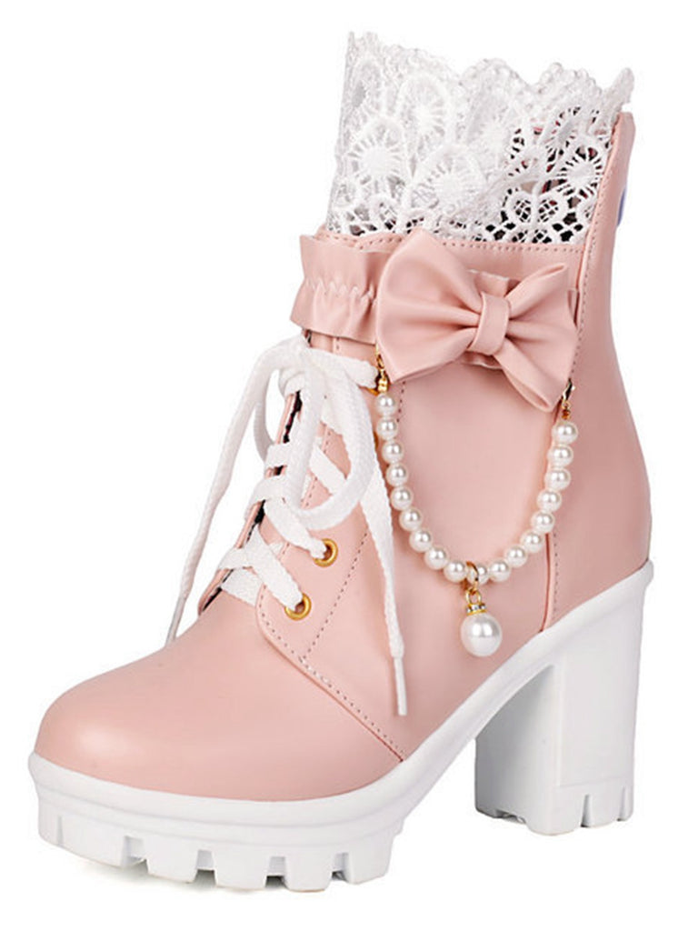 Vintage Lace Beaded Bow Chunky Heels Boots