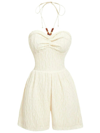 Beige 1940s Beaded Ruched Halter Waist Romper