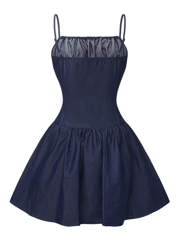 Blue 1960s Spaghetti Strap Ruched Mini Dress