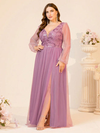 [Plus Size] Lavender 1980s Solid Mesh V-Neck Dress