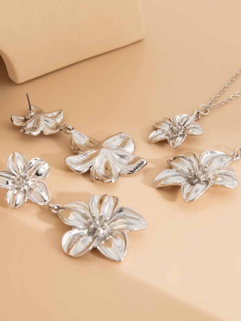 Floral Double Clavicle Necklace & Earrings Set