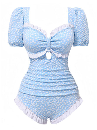Blue 1940s Ditsy Floral Ruffles One-Piece Swimsuit