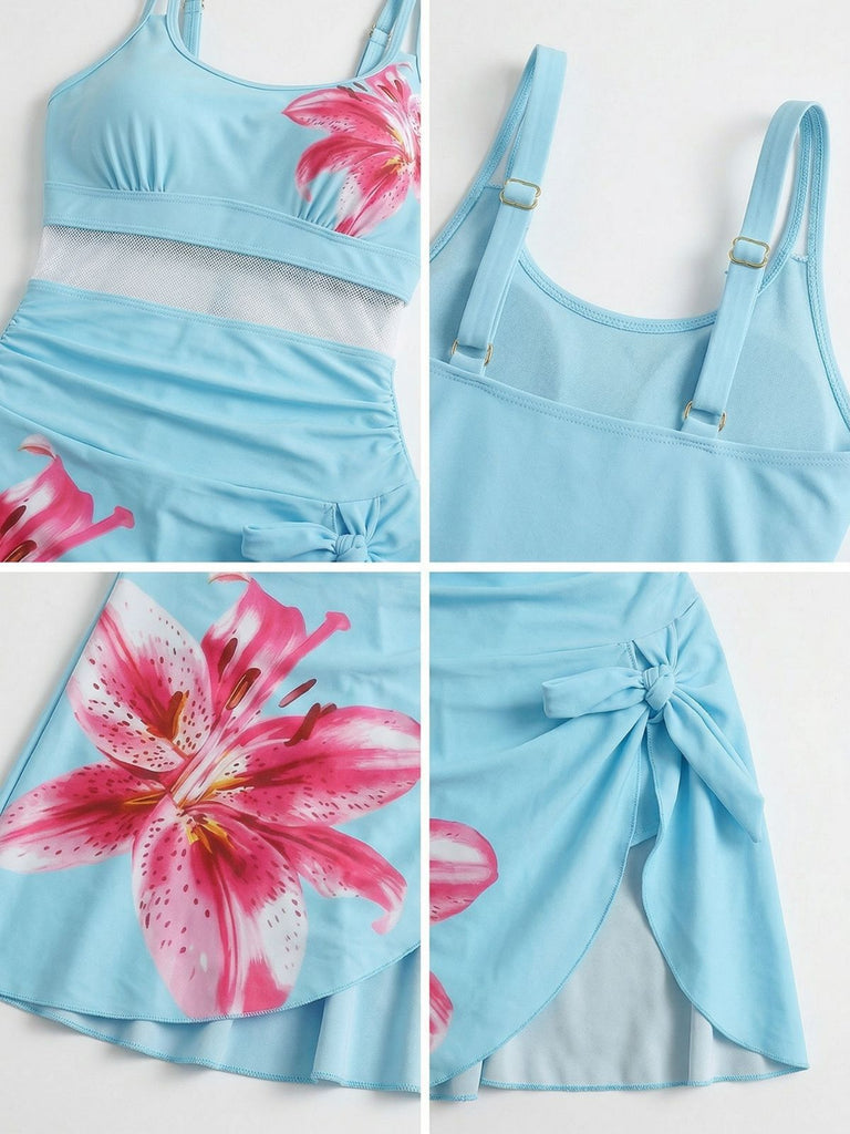 1940s Floral Strappy Scoop-Neck Tie Mesh Swim Dress