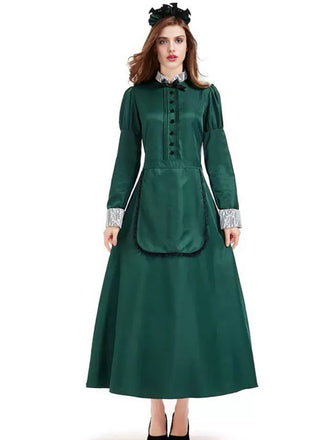 Green 1950s Victorian Satin Long Maid Dress
