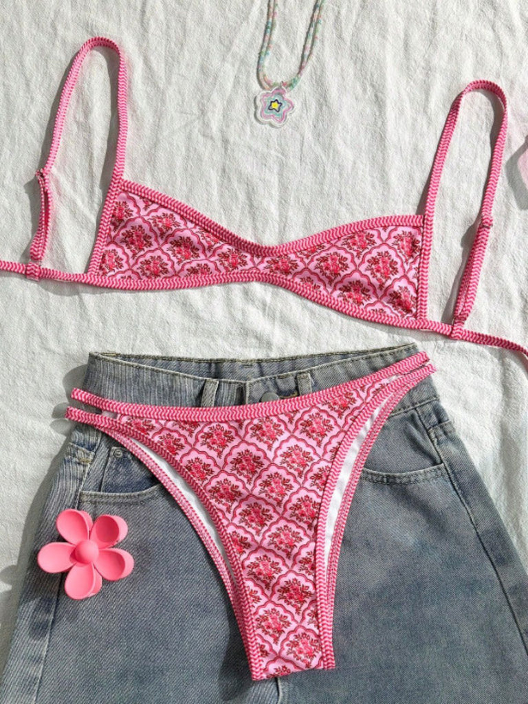 Pink 1960s Floral Print Bikini Set