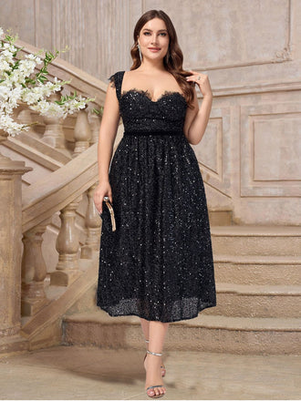 [Plus Size] Black 1940s Sequined Lace Sweetheart Neck Dress