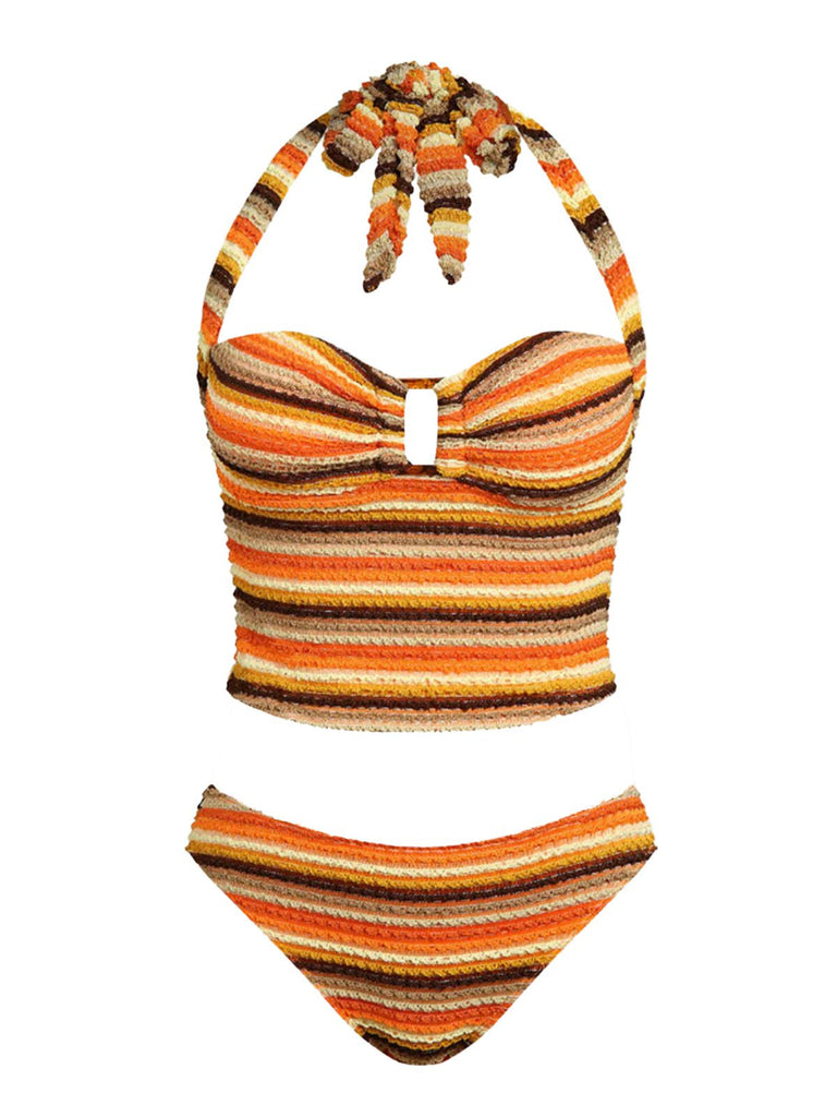 Orange 1980s Knit Striped Halter Swimsuit