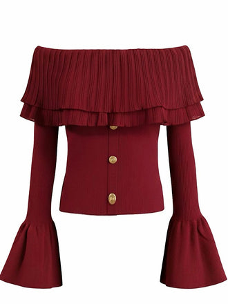 Wine Red 1960s Off-Shoulder Flare-Sleeve Knitted Top