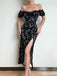Black 1960s Side Slit Ditsy Floral Off-Shoulder Dress