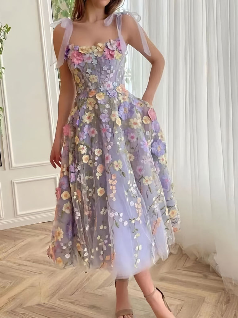 Purple 1940s 3D Floral Bow Strap Mesh Dress