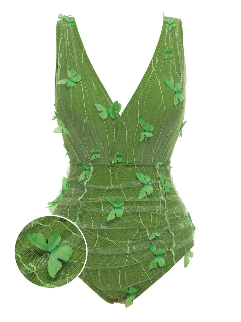 Green 1960s 3D Butterfly Mesh Swimsuit