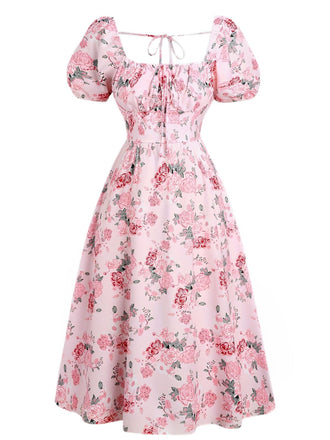 [Plus Size] Pink 1950s Square Neck Floral Dress
