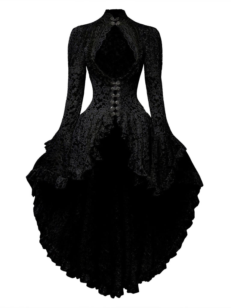 Black 1980s Gigot Sleeve Victorian Lace Dress