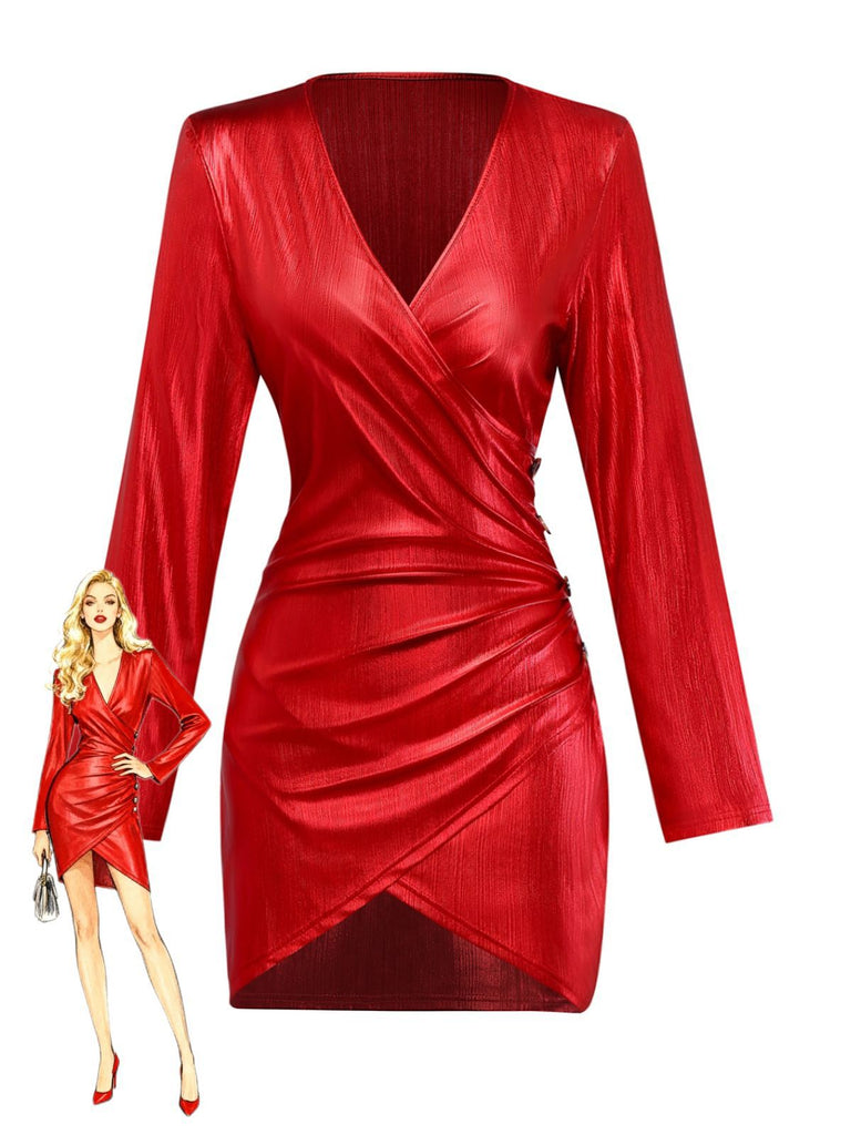 1960s Solid V-Neck Slit Bodycon Dress