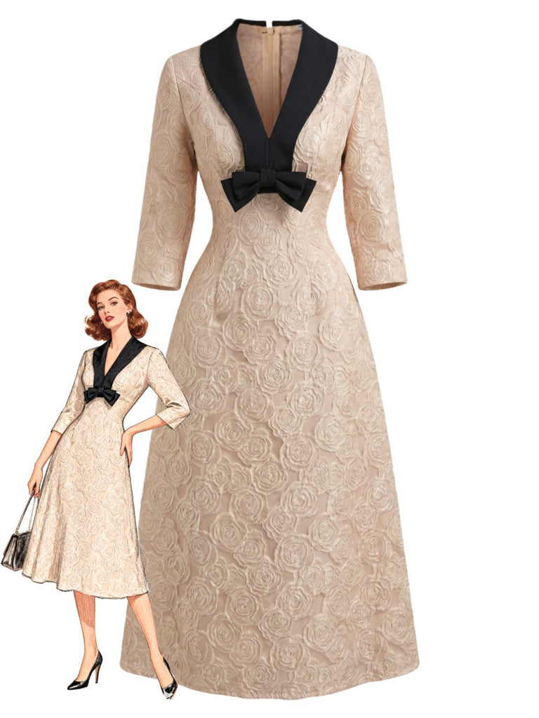 Champagne 1930s Rose Jacquard V-Neck Bow Dress