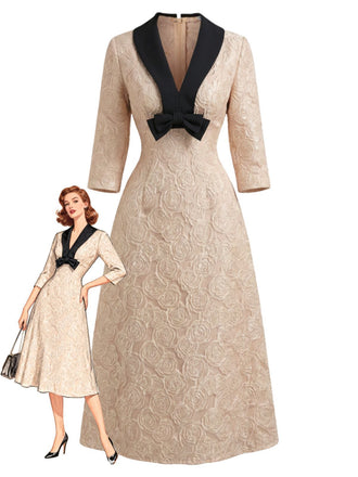 Champagne 1930s Rose Jacquard V-Neck Bow Dress