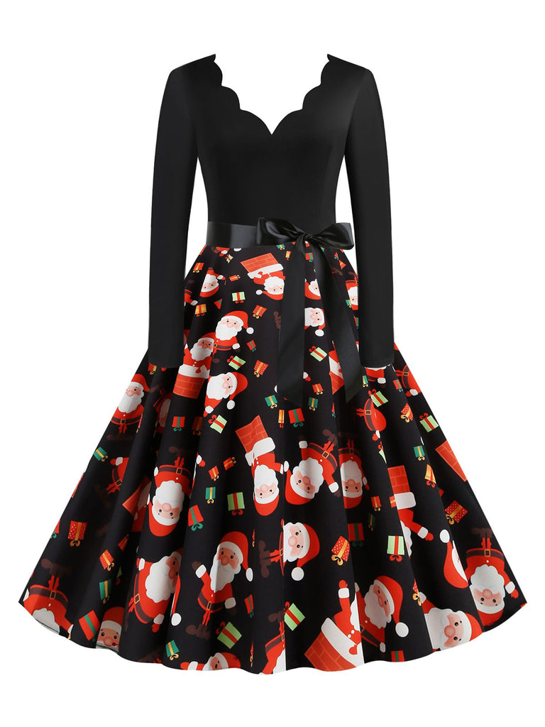 Black 1950s Christmas V-Neck Santa Claus Dress