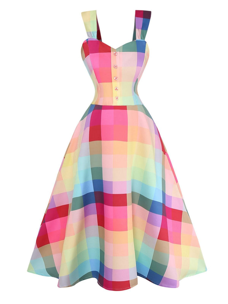 1950s Colorful Plaid Wide-strap A-Line Dress