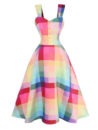 1950s Colorful Plaid Wide-strap A-Line Dress