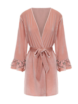 Pink 1980s Floral Cuff Velvet Belted Robe