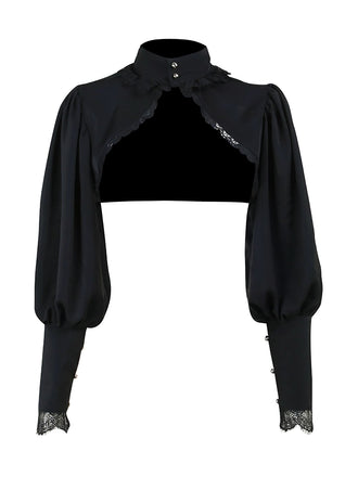 Black 1980s Gothic Lace Stand Collar Top