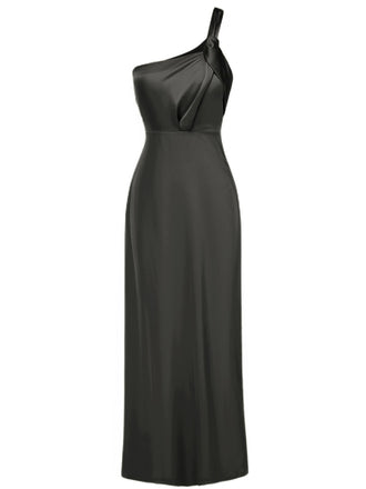 1940s Solid Satin One-Shoulder Dress