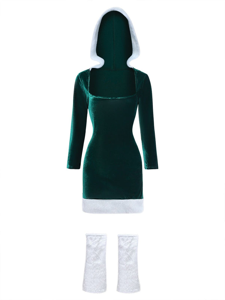 1980s Christmas Fur Trim Hooded Velvet Dress
