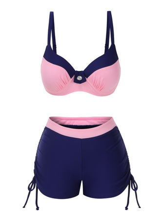 1940s Strap Colorblock Diamond Lace-Up Bikini Set