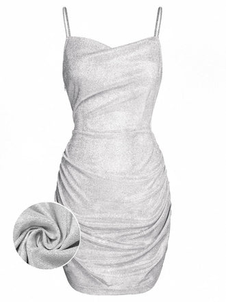 Silver 1960s Spaghetti Strap Sparkling Mini Dress
