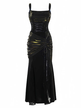 Black 1980s Gothic Slip Lace Maxi Dress