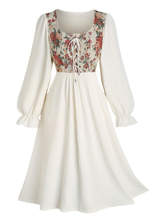 [Plus Size] Beige 1940s Floral Ruffle Sleeve Patchwork Dress