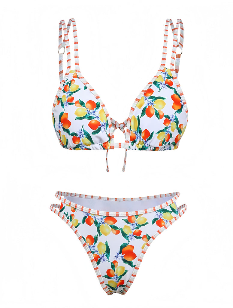 White 1960s Citrus Triangle-Strap Bikini Set
